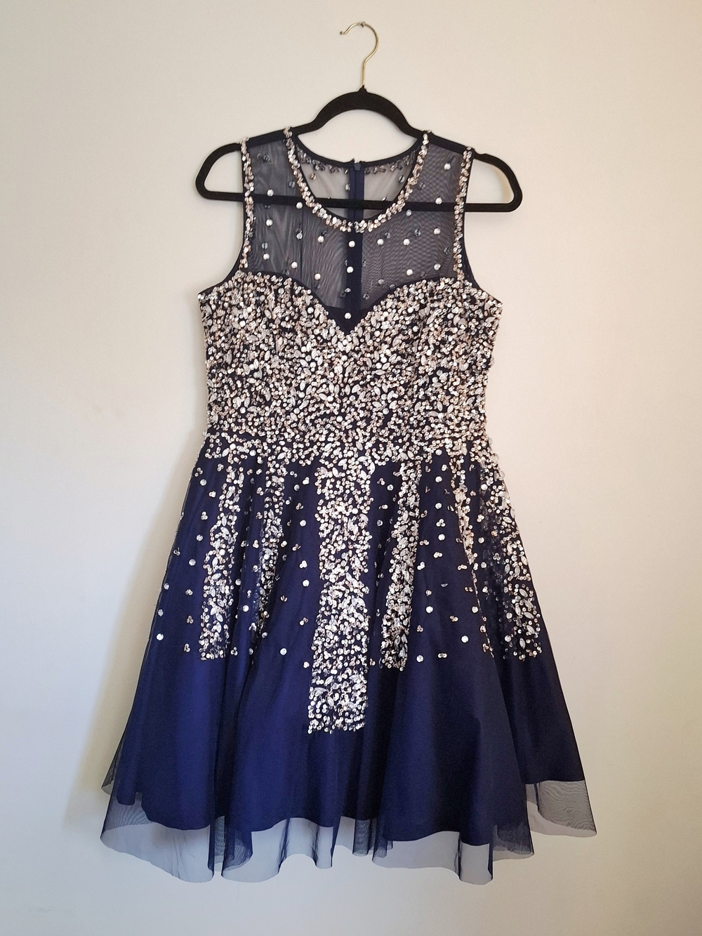 Goddiva Navy Blue and Silver Sequin Prom Dress